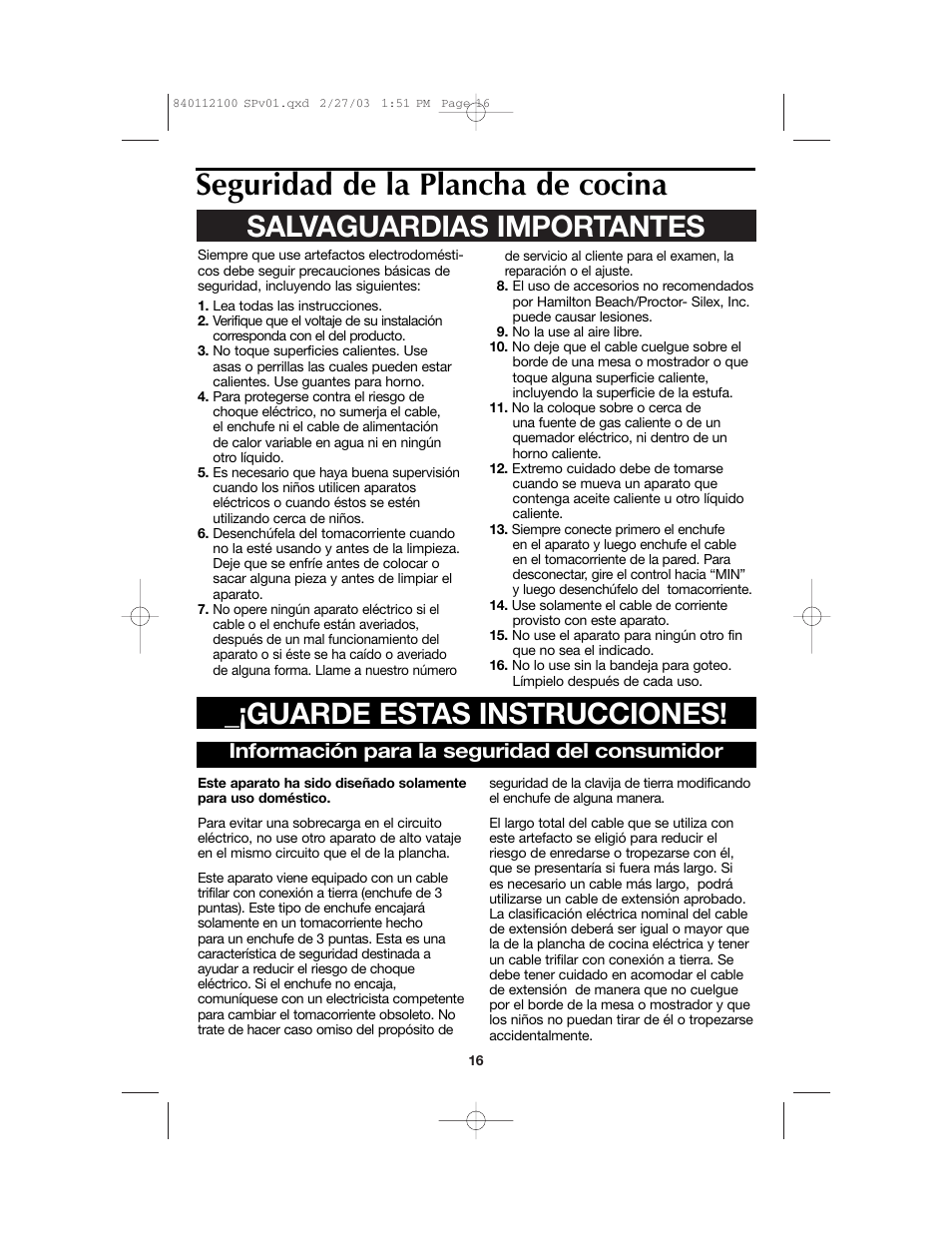 Seguridad de la plancha de cocina, Información para la seguridad del consumidor | Proctor-Silex 840112100 User Manual | Page 16 / 24