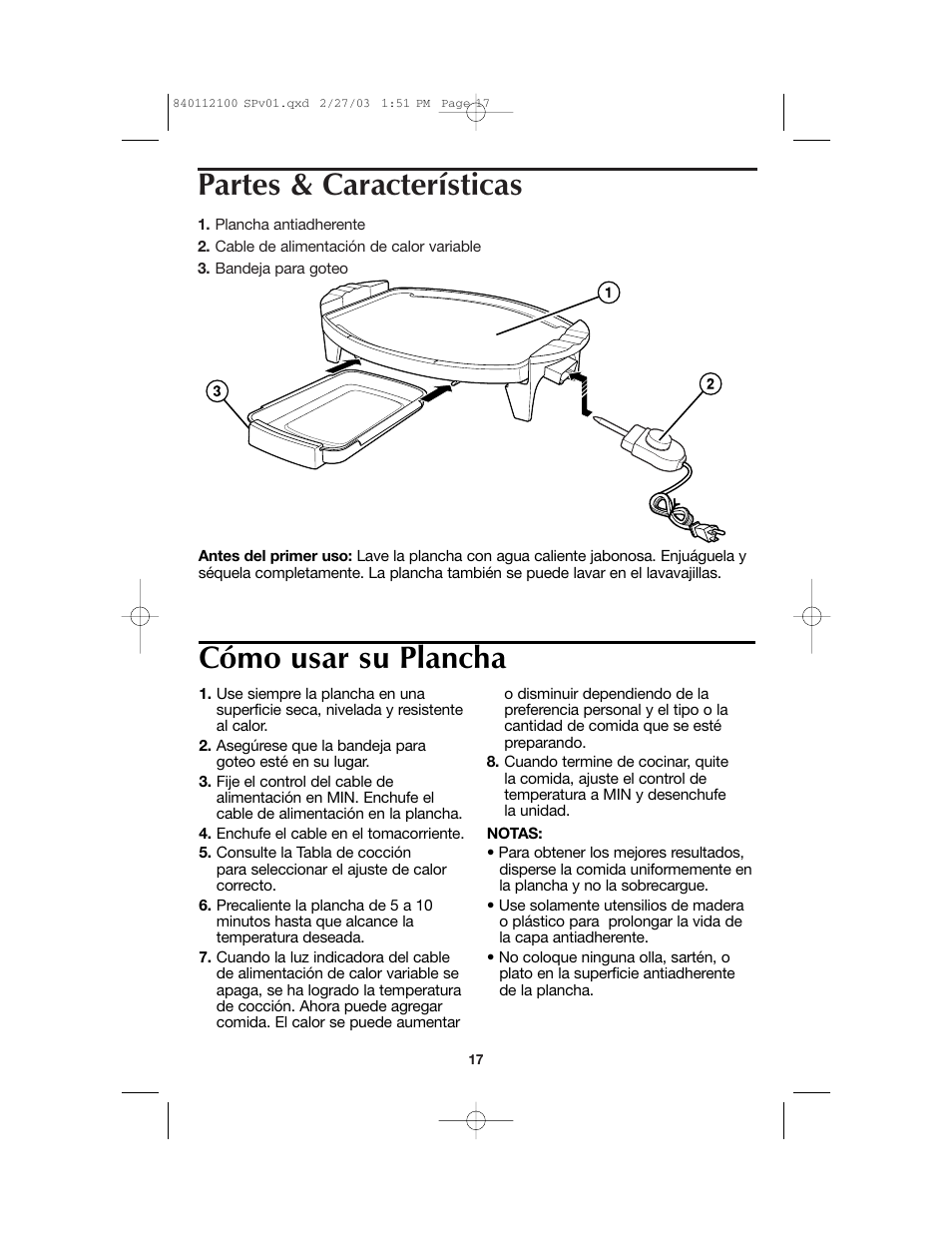 Partes & características, Cómo usar su plancha | Proctor-Silex 840112100 User Manual | Page 17 / 24
