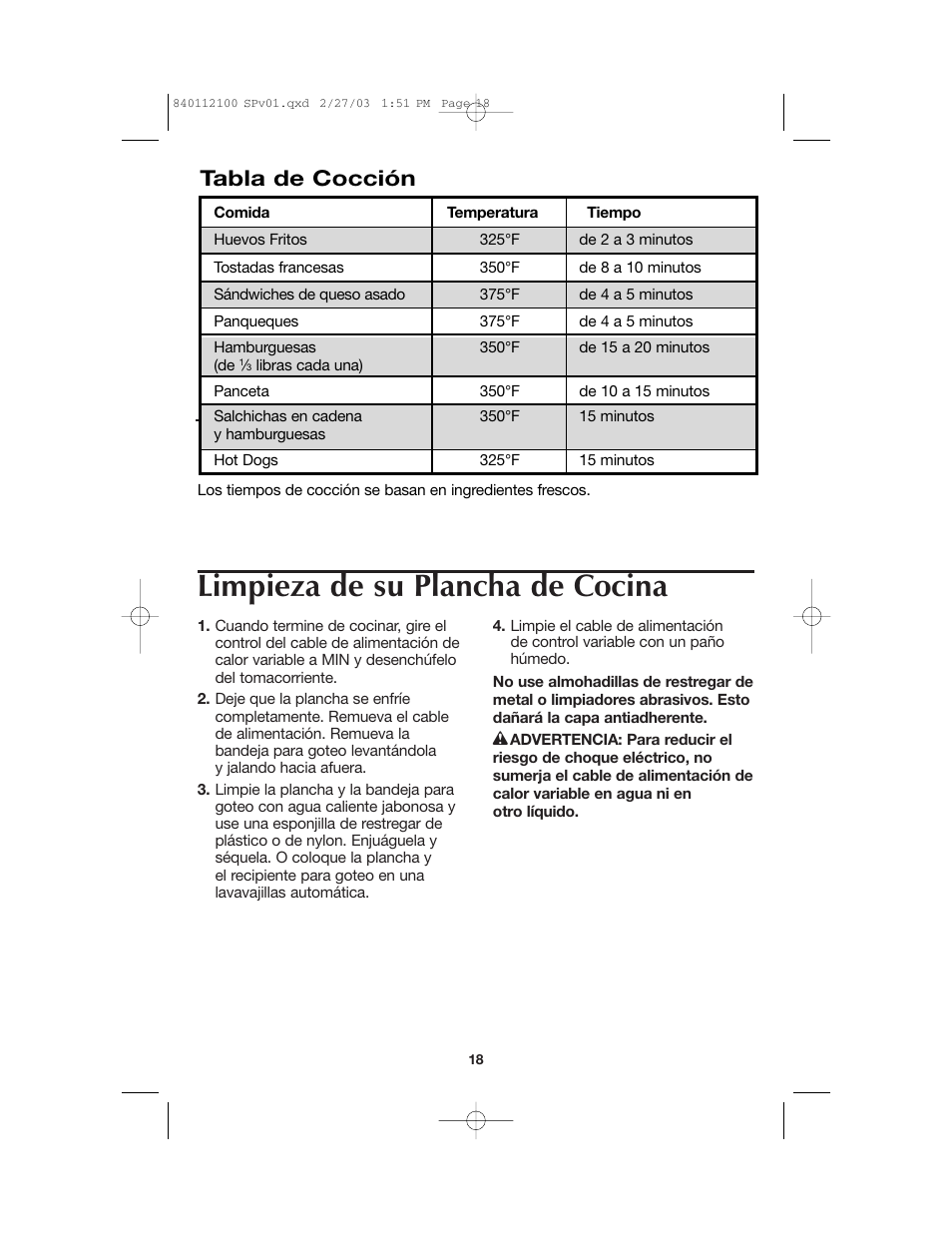 Limpieza de su plancha de cocina, Tabla de cocción | Proctor-Silex 840112100 User Manual | Page 18 / 24