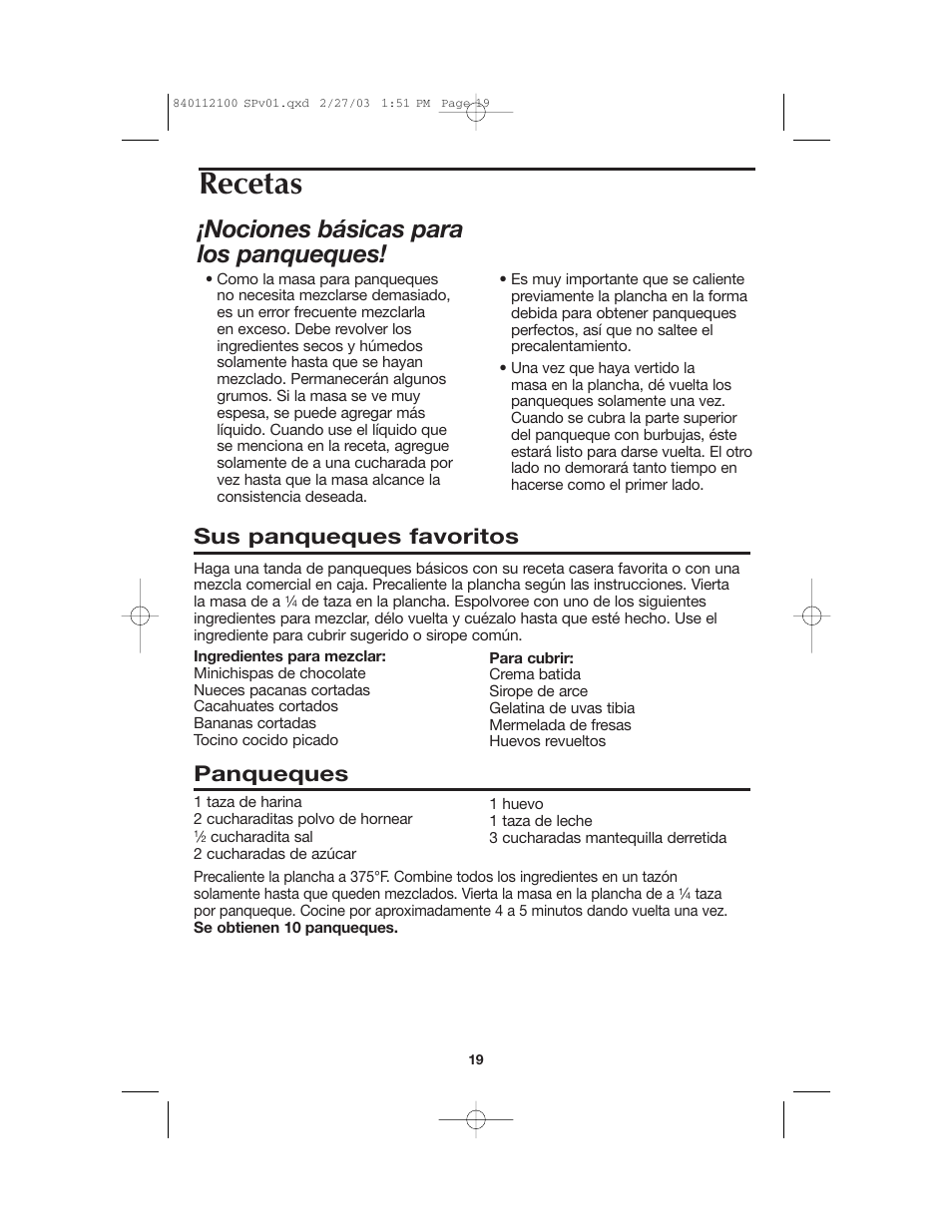 Recetas, Nociones básicas para los panqueques, Sus panqueques favoritos | Panqueques | Proctor-Silex 840112100 User Manual | Page 19 / 24