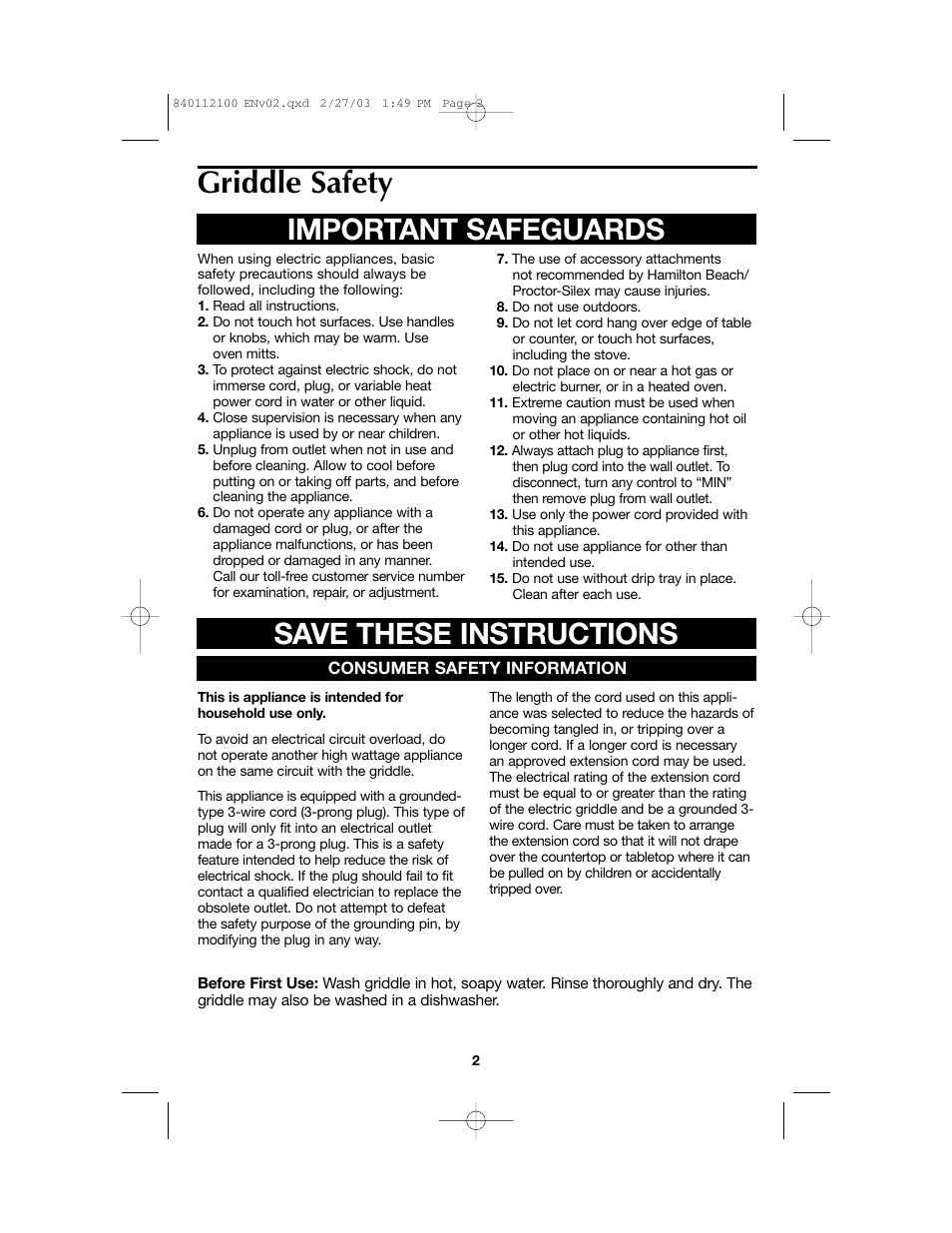 Griddle safety, Important safeguards save these instructions | Proctor-Silex 840112100 User Manual | Page 2 / 24