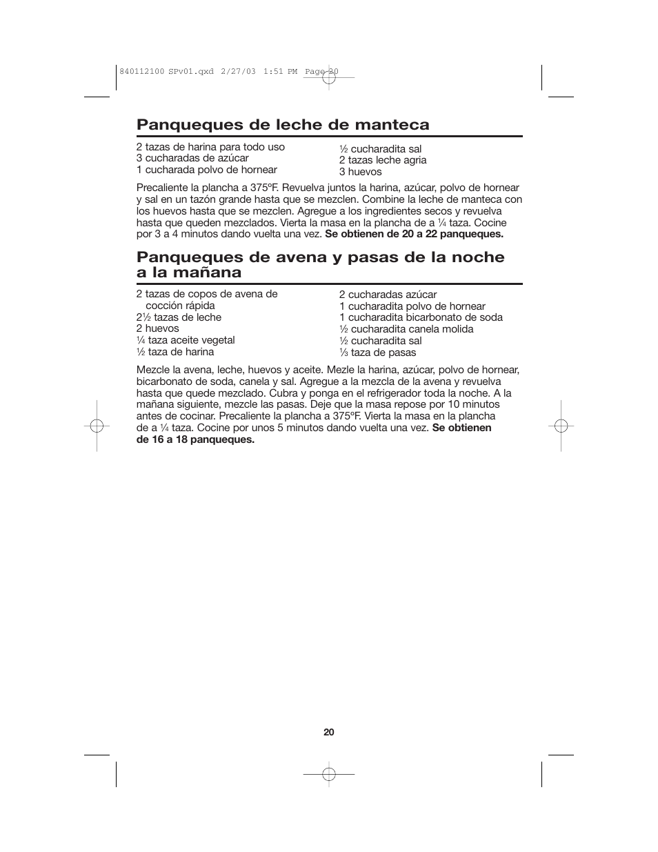 Panqueques de leche de manteca | Proctor-Silex 840112100 User Manual | Page 20 / 24