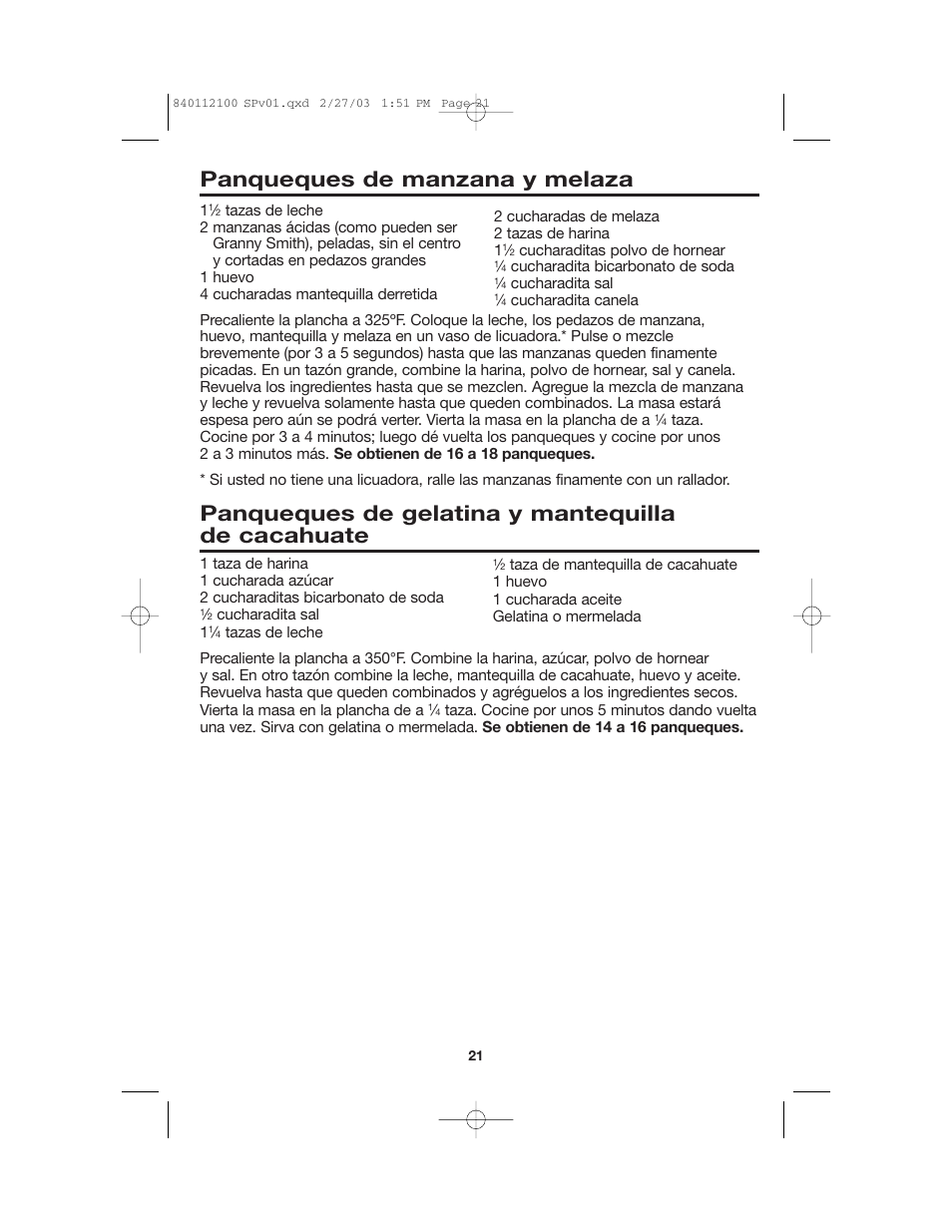 Panqueques de manzana y melaza, Panqueques de gelatina y mantequilla de cacahuate | Proctor-Silex 840112100 User Manual | Page 21 / 24