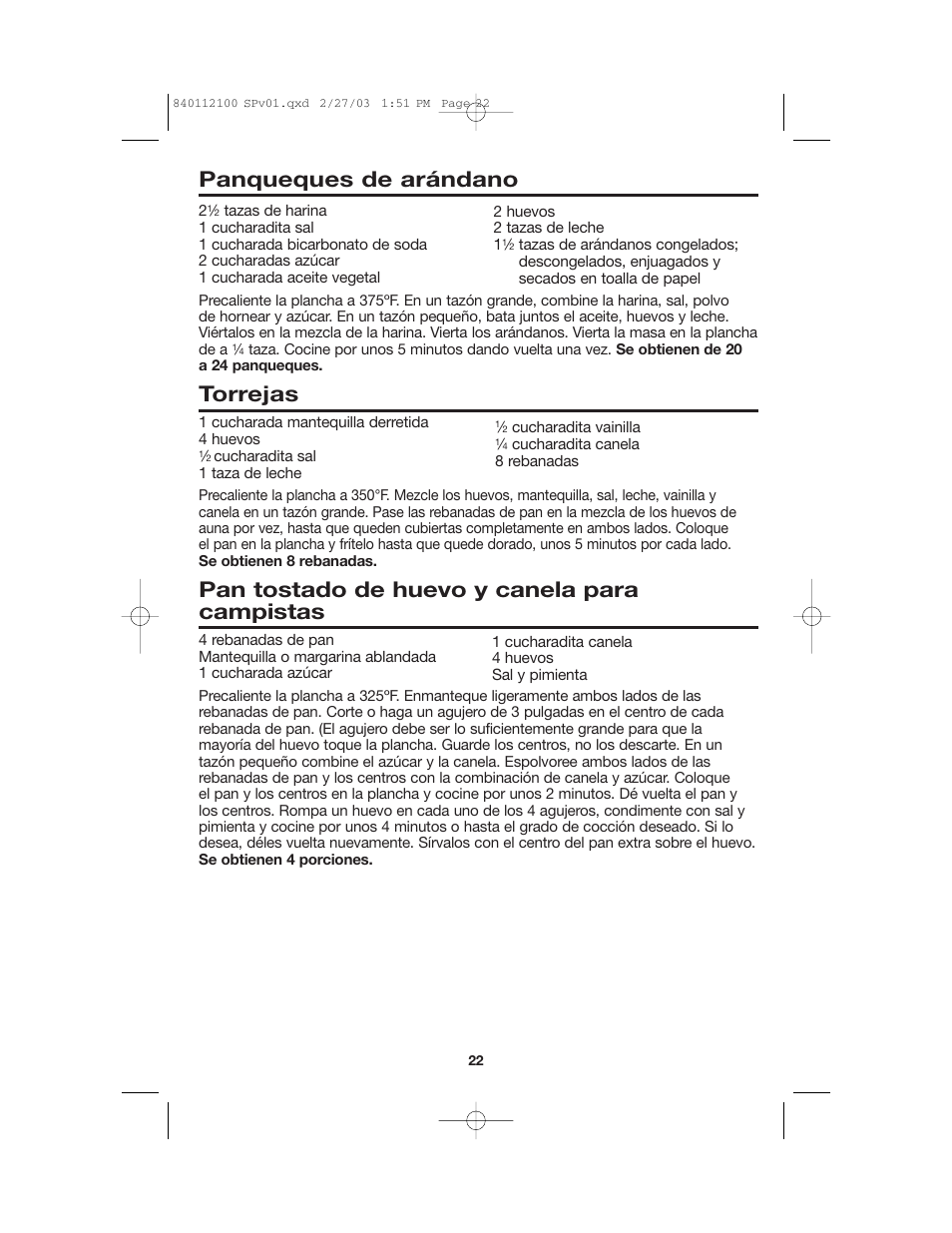 Panqueques de arándano, Torrejas, Pan tostado de huevo y canela para campistas | Proctor-Silex 840112100 User Manual | Page 22 / 24
