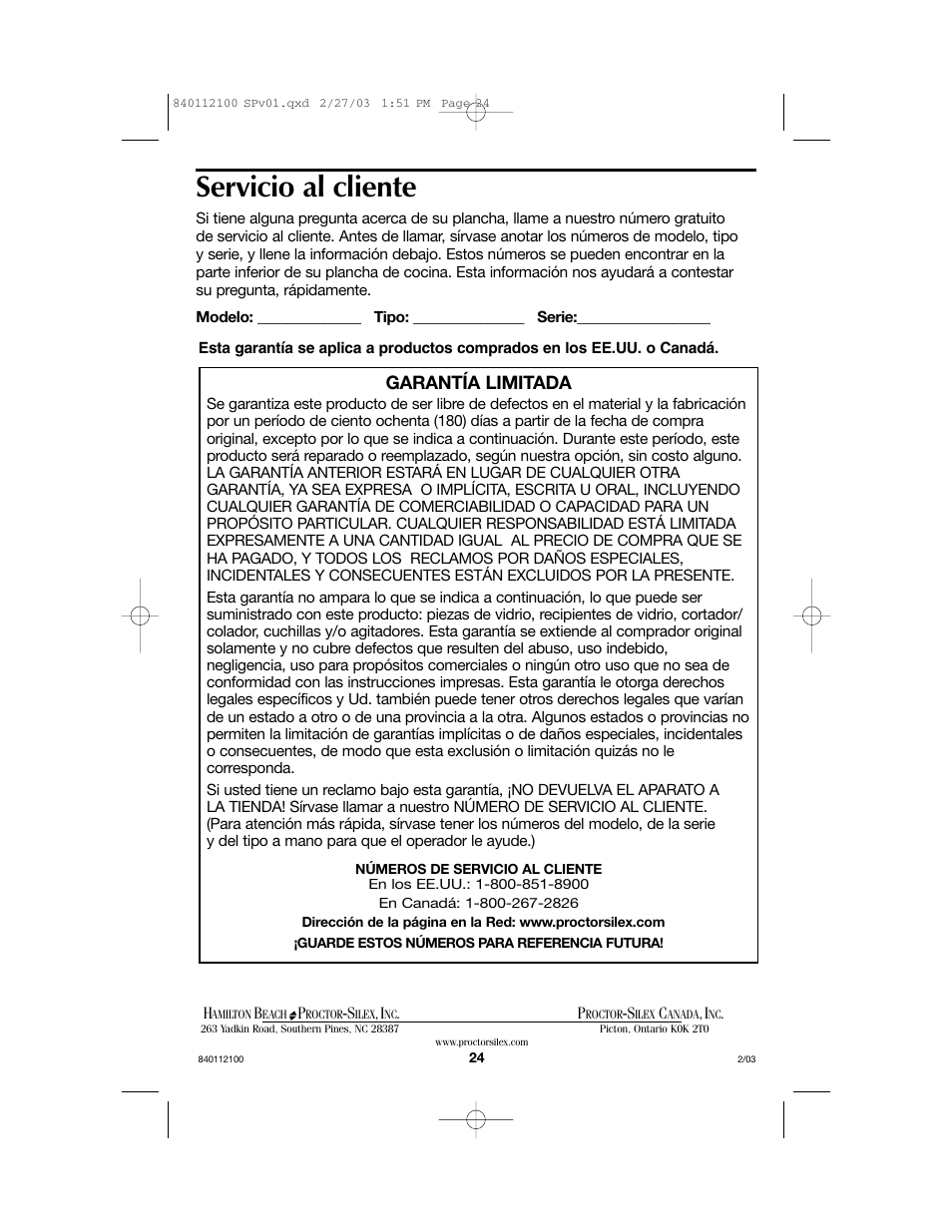 Servicio al cliente, Garantía limitada | Proctor-Silex 840112100 User Manual | Page 24 / 24