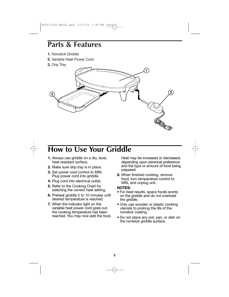 Parts & features, How to use your griddle | Proctor-Silex 840112100 User Manual | Page 3 / 24