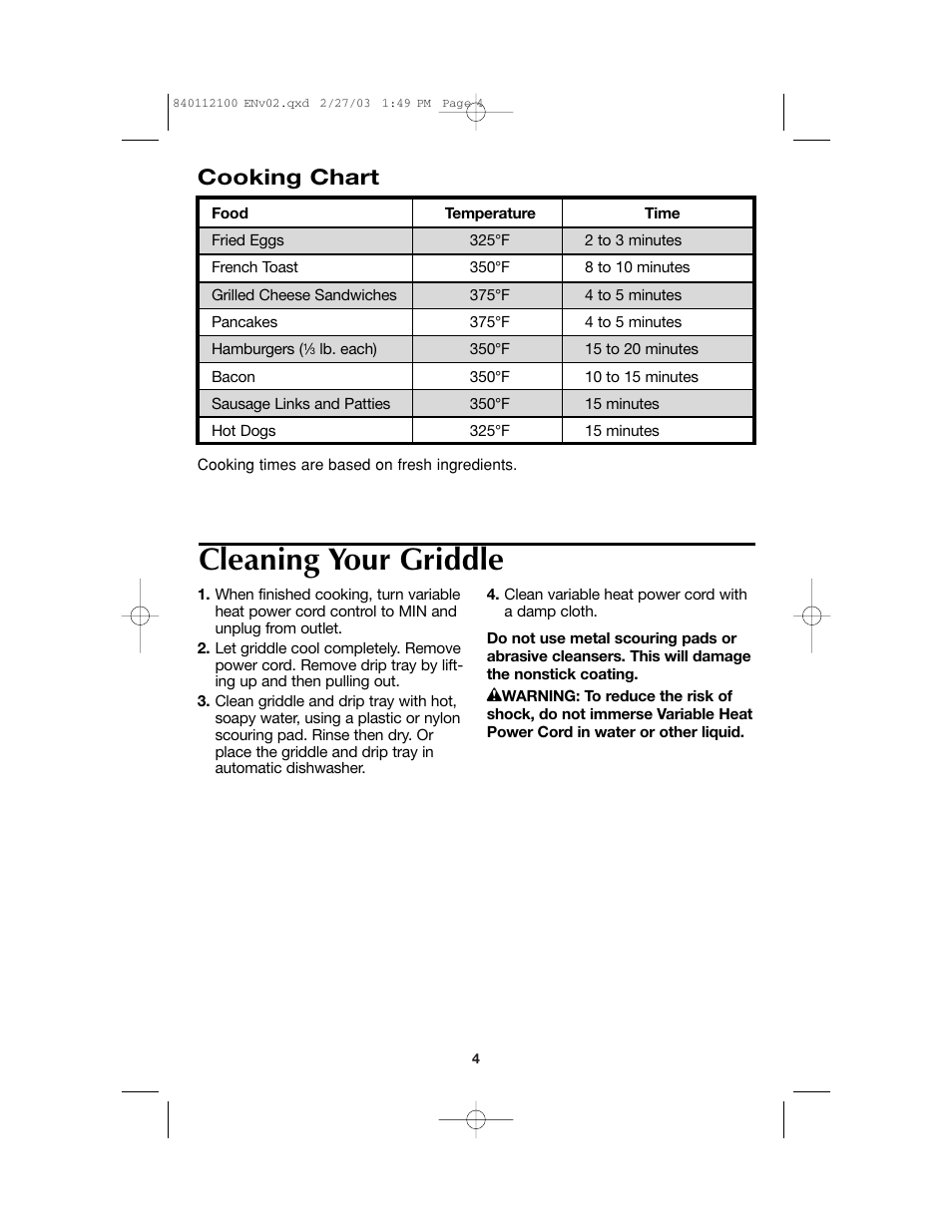 Cleaning your griddle, Cooking chart | Proctor-Silex 840112100 User Manual | Page 4 / 24