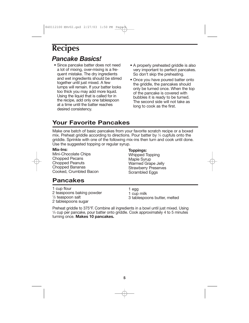 Recipes, Pancake basics, Your favorite pancakes | Pancakes | Proctor-Silex 840112100 User Manual | Page 5 / 24
