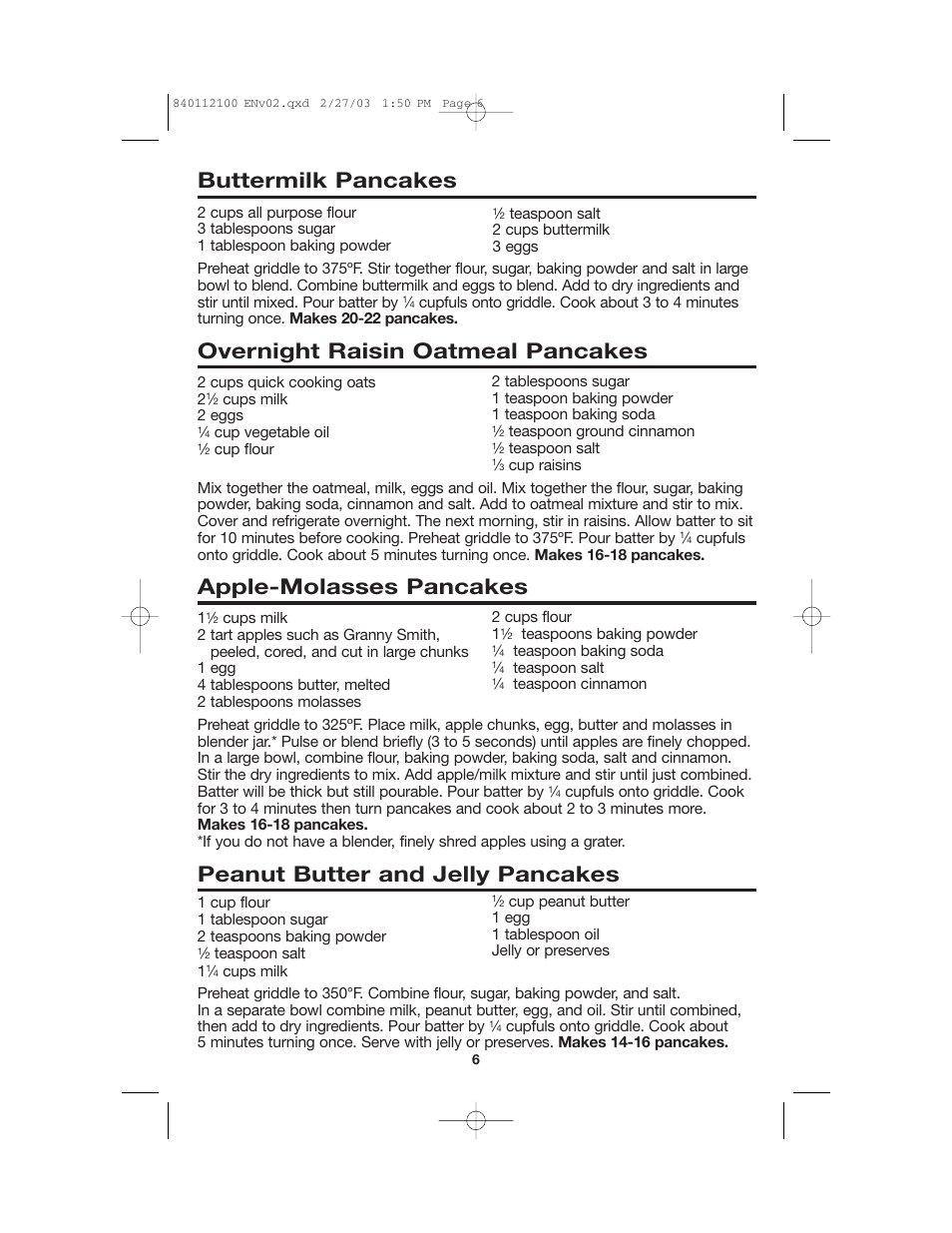 Buttermilk pancakes, Overnight raisin oatmeal pancakes, Apple-molasses pancakes | Peanut butter and jelly pancakes | Proctor-Silex 840112100 User Manual | Page 6 / 24