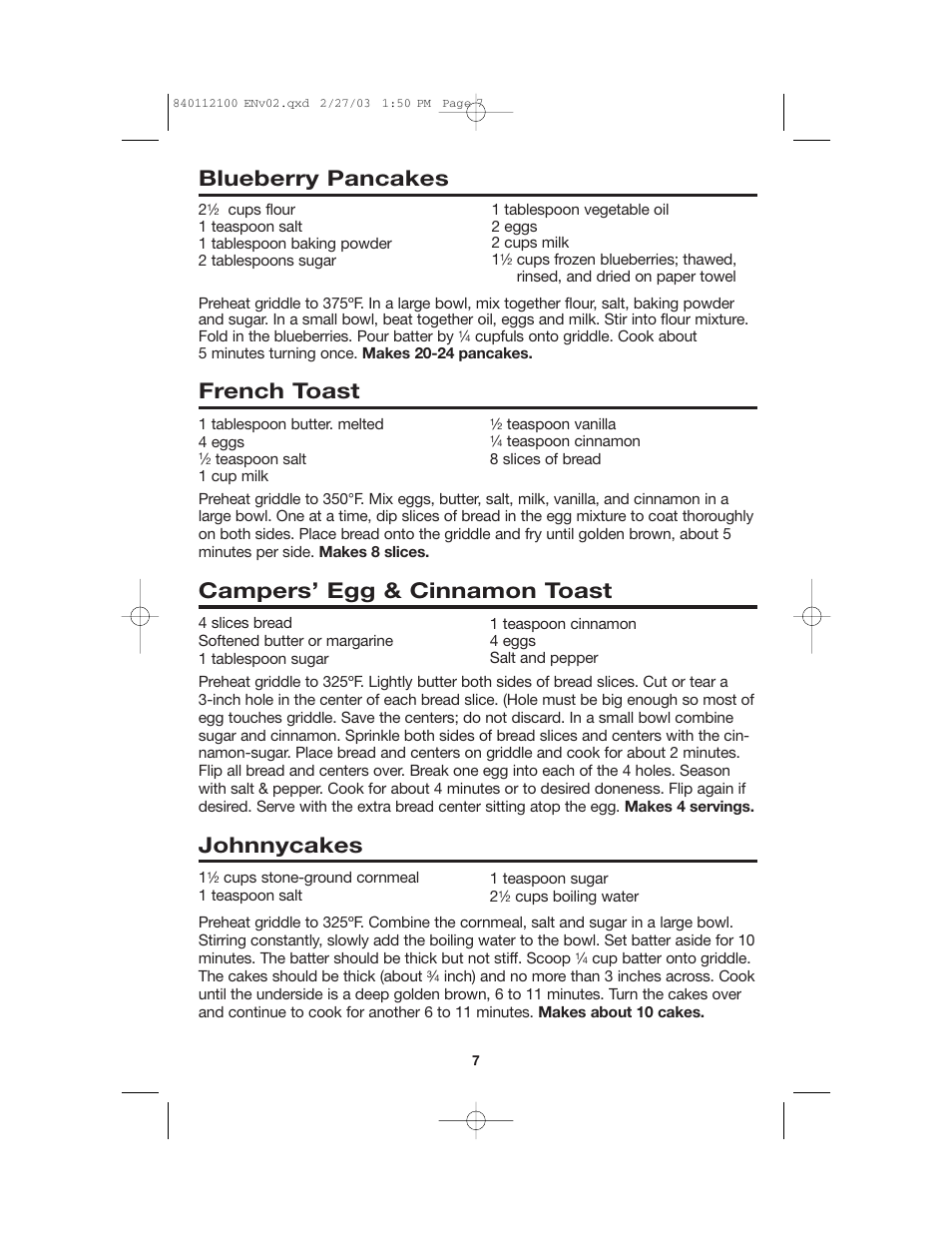 Blueberry pancakes, French toast, Campers’ egg & cinnamon toast | Johnnycakes | Proctor-Silex 840112100 User Manual | Page 7 / 24