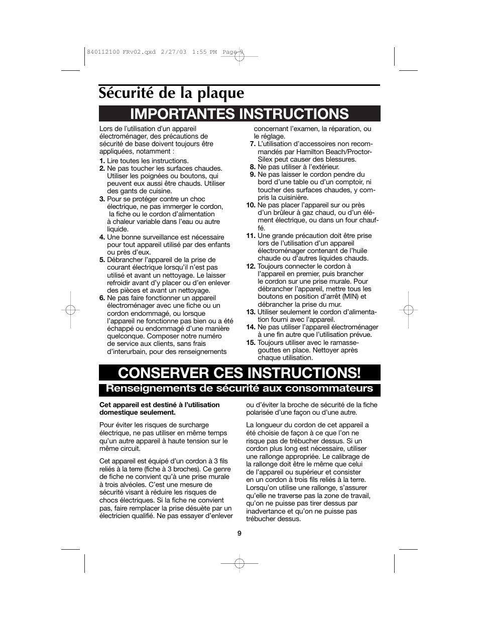 Sécurité de la plaque, Renseignements de sécurité aux consommateurs | Proctor-Silex 840112100 User Manual | Page 9 / 24