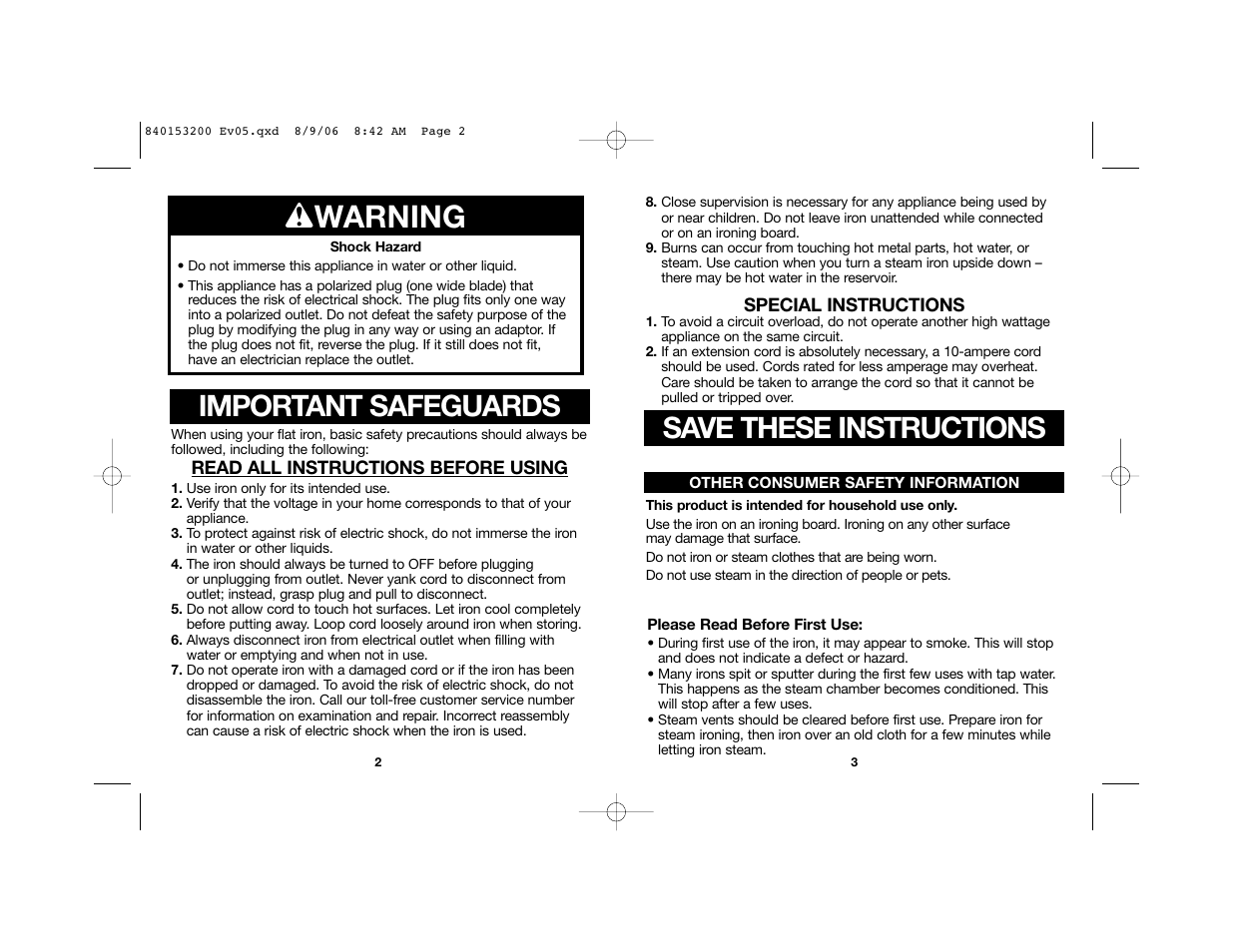 W warning, Save these instructions, Important safeguards | Proctor-Silex 17150 User Manual | Page 2 / 18