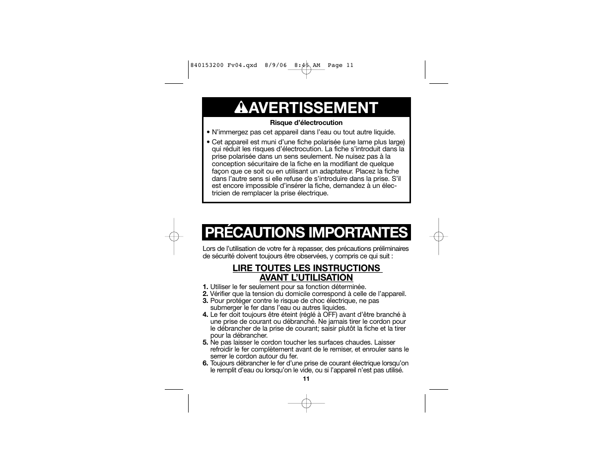 W avertissement, Précautions importantes | Proctor-Silex 17150 User Manual | Page 7 / 18