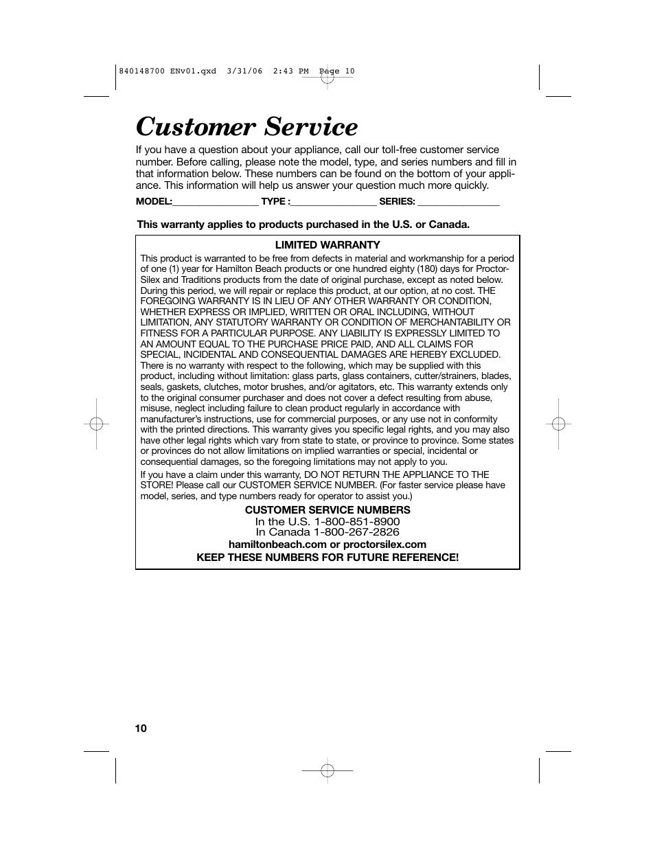 Customer service | Proctor-Silex pizza and toaster oven User Manual | Page 10 / 32