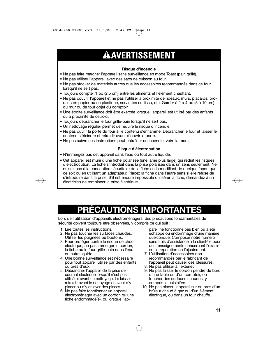 Wavertissement, Précautions importantes | Proctor-Silex pizza and toaster oven User Manual | Page 11 / 32