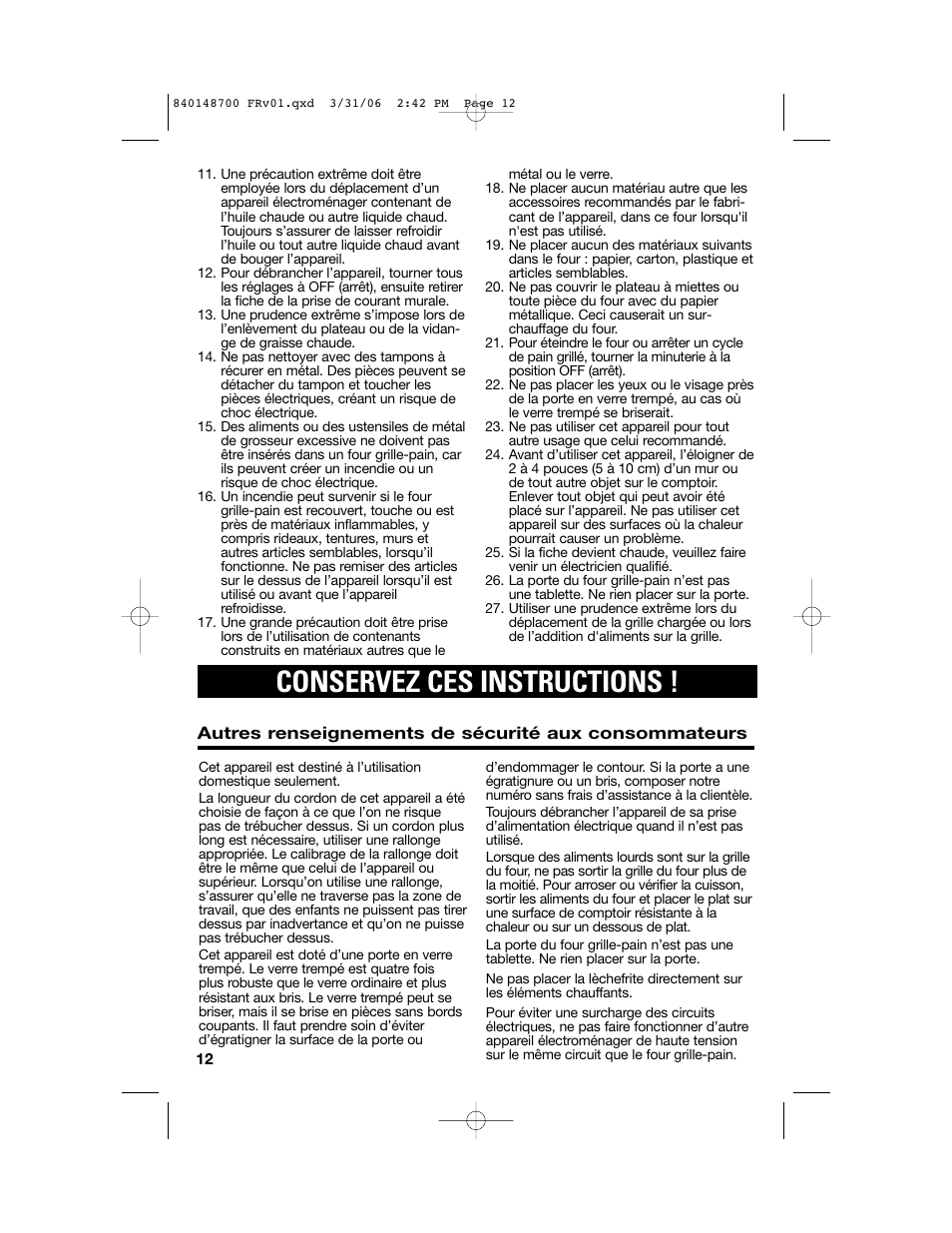 Conservez ces instructions | Proctor-Silex pizza and toaster oven User Manual | Page 12 / 32