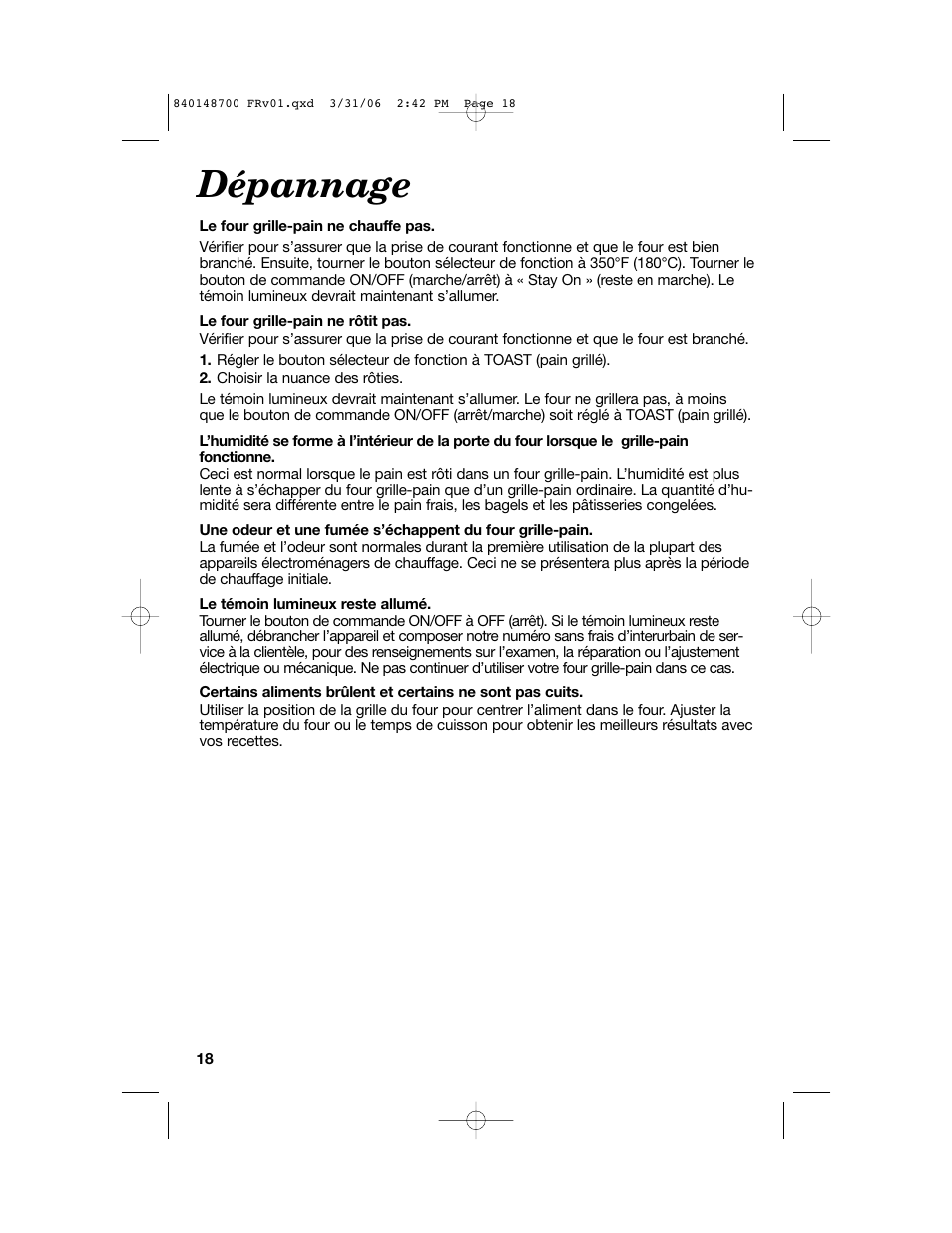 Dépannage | Proctor-Silex pizza and toaster oven User Manual | Page 18 / 32