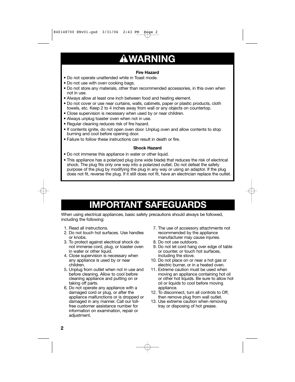 W warning, Important safeguards | Proctor-Silex pizza and toaster oven User Manual | Page 2 / 32