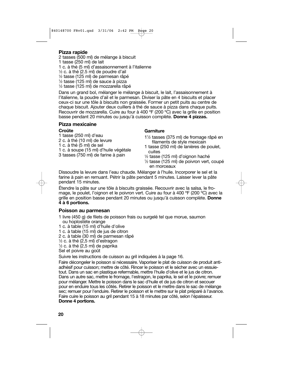 Pizza rapide, Pizza mexicaine, Poisson au parmesan | Proctor-Silex pizza and toaster oven User Manual | Page 20 / 32