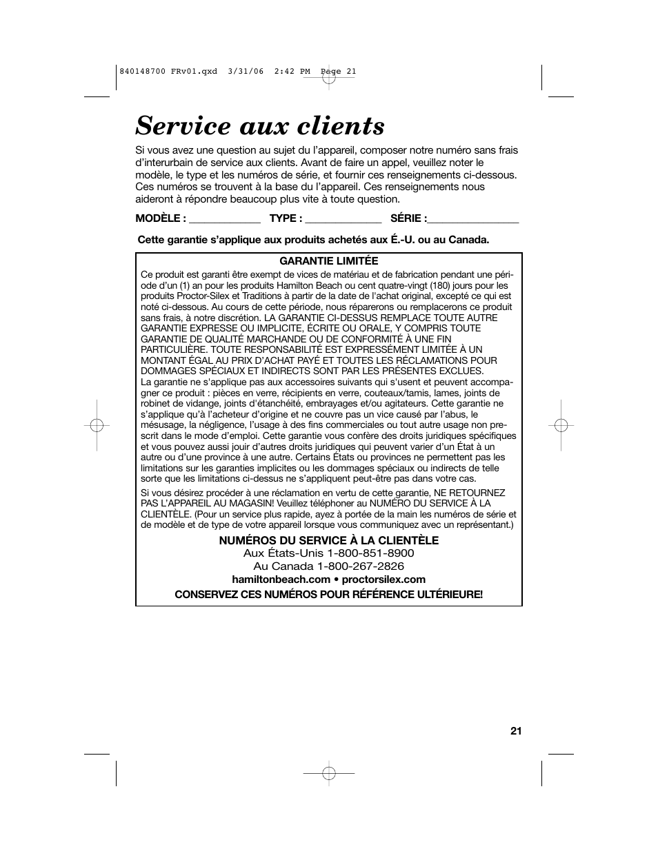 Service aux clients | Proctor-Silex pizza and toaster oven User Manual | Page 21 / 32