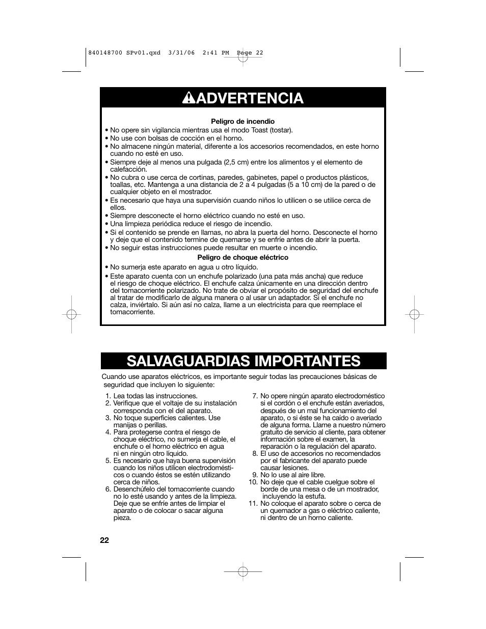 W advertencia, Salvaguardias importantes | Proctor-Silex pizza and toaster oven User Manual | Page 22 / 32