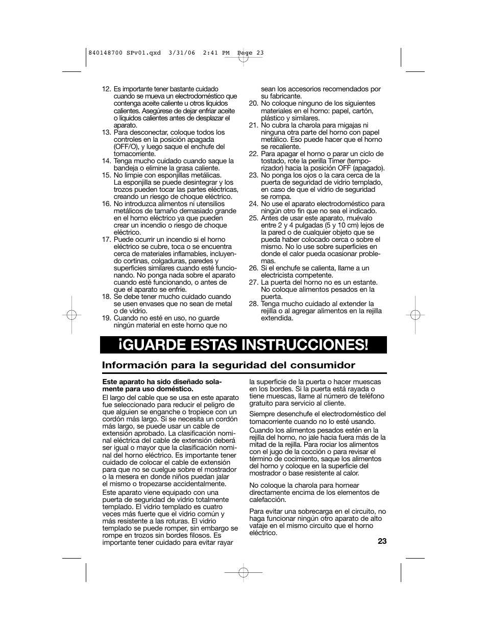 Guarde estas instrucciones, Información para la seguridad del consumidor | Proctor-Silex pizza and toaster oven User Manual | Page 23 / 32