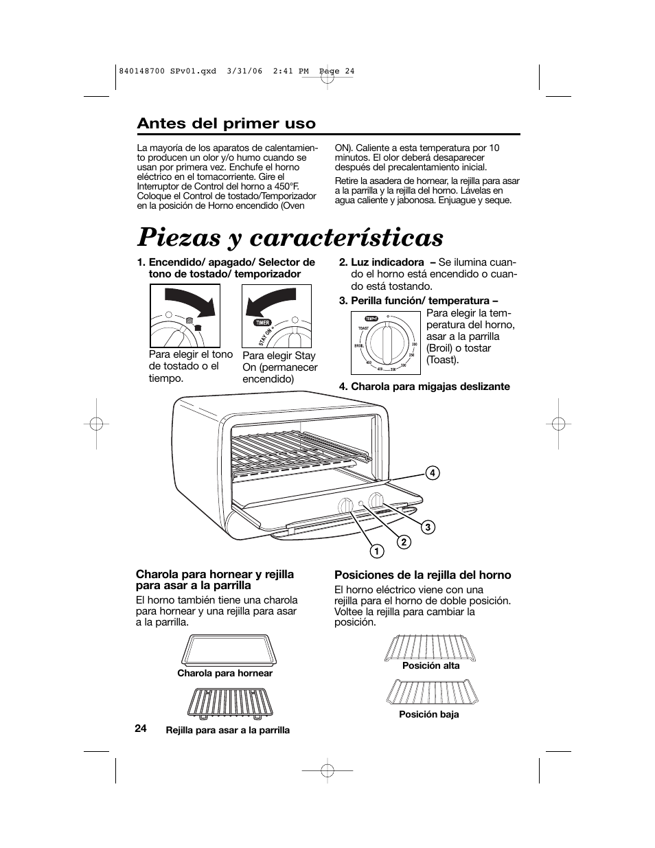 Piezas y características, Antes del primer uso | Proctor-Silex pizza and toaster oven User Manual | Page 24 / 32