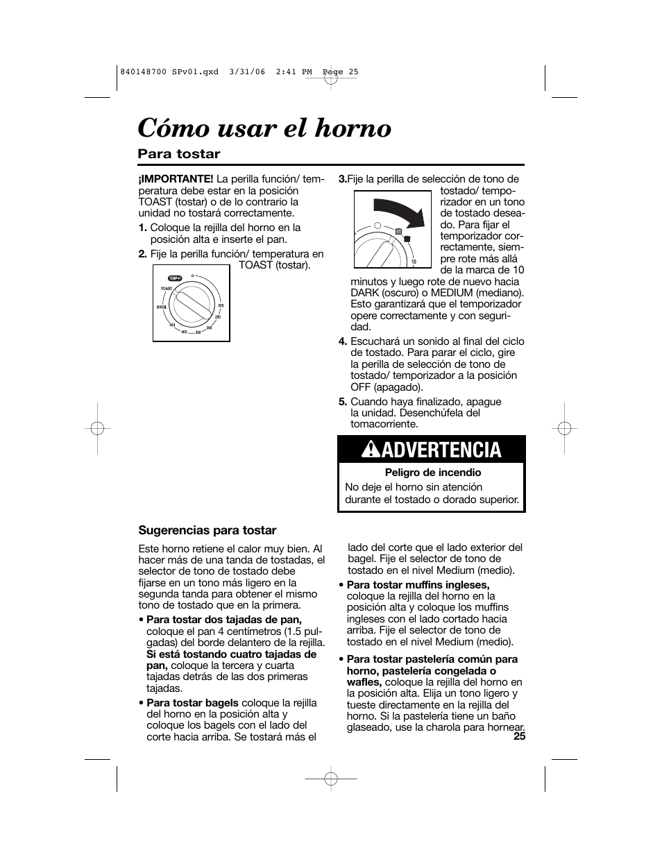 Cómo usar el horno, W advertencia | Proctor-Silex pizza and toaster oven User Manual | Page 25 / 32