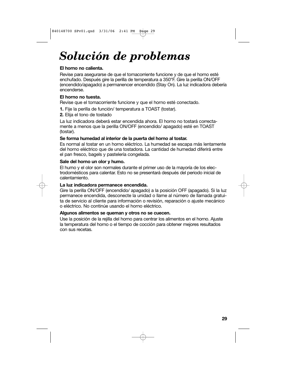 Solución de problemas | Proctor-Silex pizza and toaster oven User Manual | Page 29 / 32