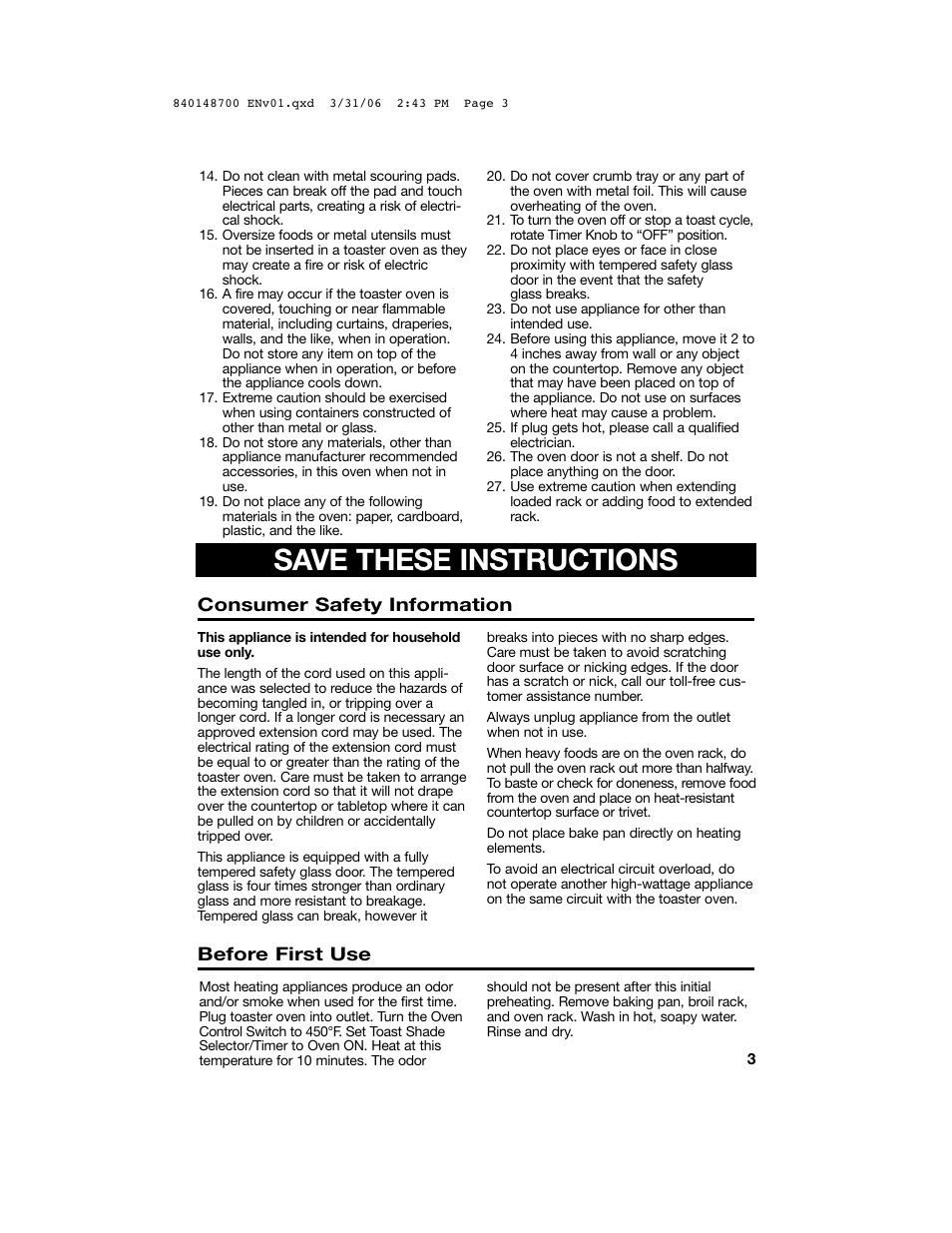 Save these instructions, Consumer safety information, Before first use | Proctor-Silex pizza and toaster oven User Manual | Page 3 / 32