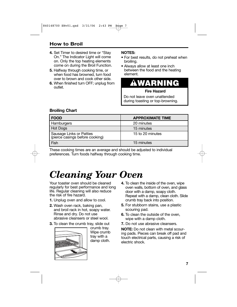 Cleaning your oven, Wwarning | Proctor-Silex pizza and toaster oven User Manual | Page 7 / 32