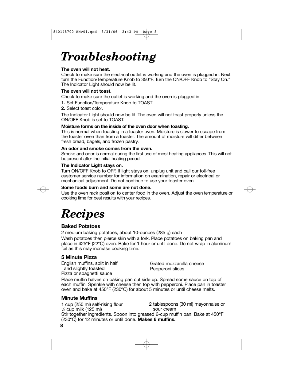 Troubleshooting, Recipes | Proctor-Silex pizza and toaster oven User Manual | Page 8 / 32