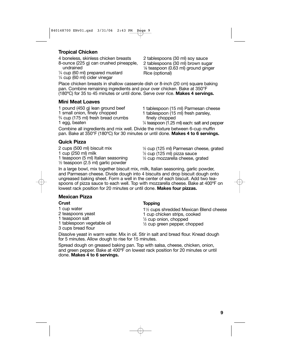 Tropical chicken, Mini meat loaves, Quick pizza | Mexican pizza | Proctor-Silex pizza and toaster oven User Manual | Page 9 / 32