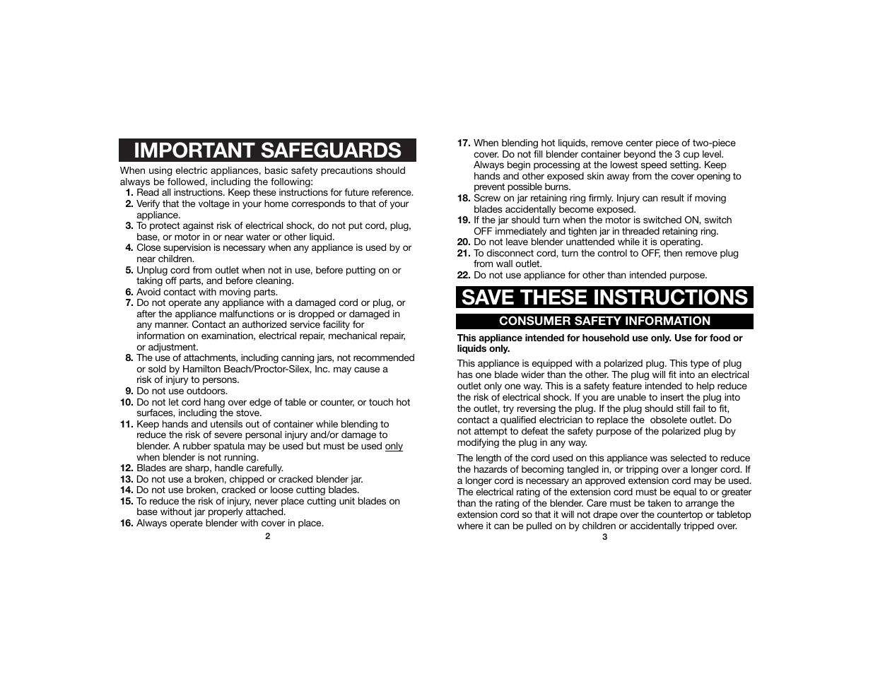 Important safeguards save these instructions | Proctor-Silex Blenders User Manual | Page 2 / 10