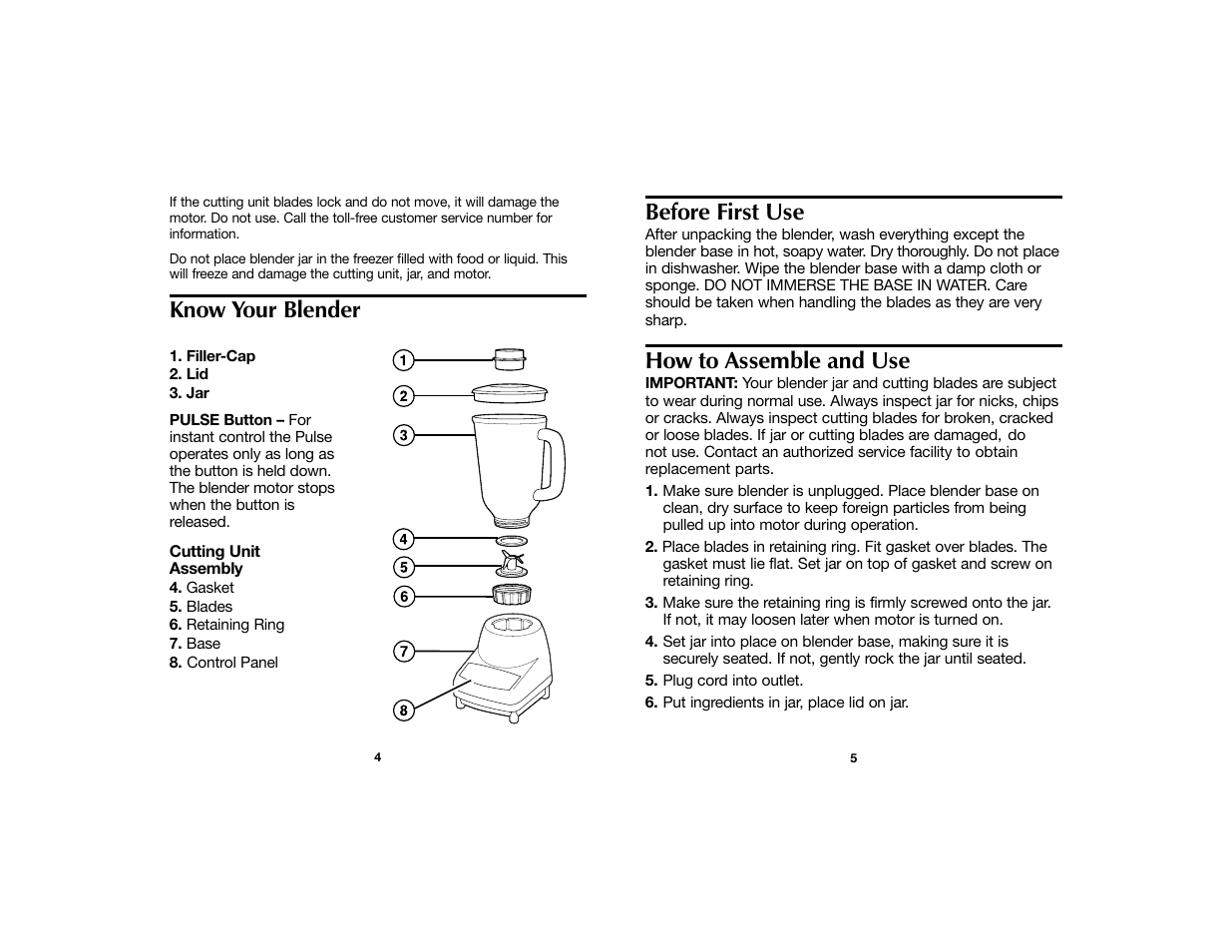 Before first use, How to assemble and use, Know your blender | Proctor-Silex Blenders User Manual | Page 3 / 10
