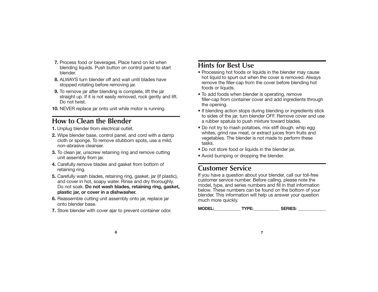 How to clean the blender, Hints for best use, Customer service | Proctor-Silex Blenders User Manual | Page 4 / 10