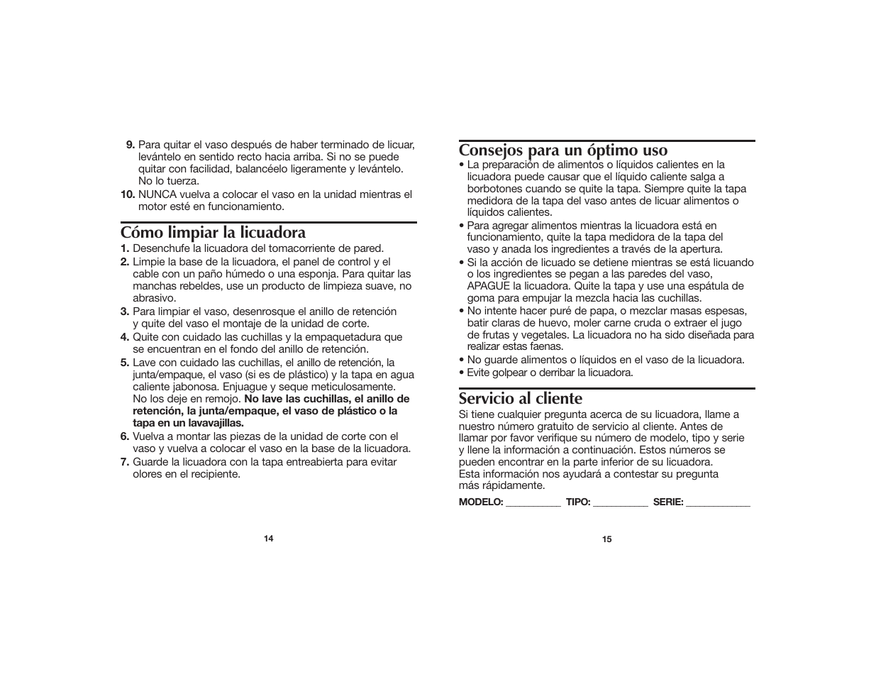 Cómo limpiar la licuadora, Consejos para un óptimo uso, Servicio al cliente | Proctor-Silex Blenders User Manual | Page 9 / 10