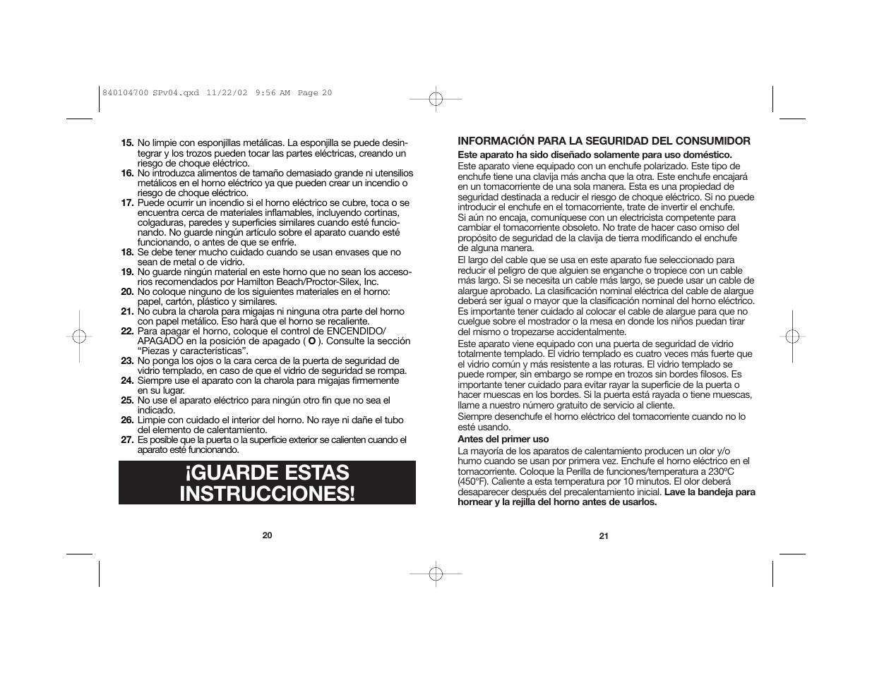 Guarde estas instrucciones | Proctor-Silex 840104700 User Manual | Page 12 / 16