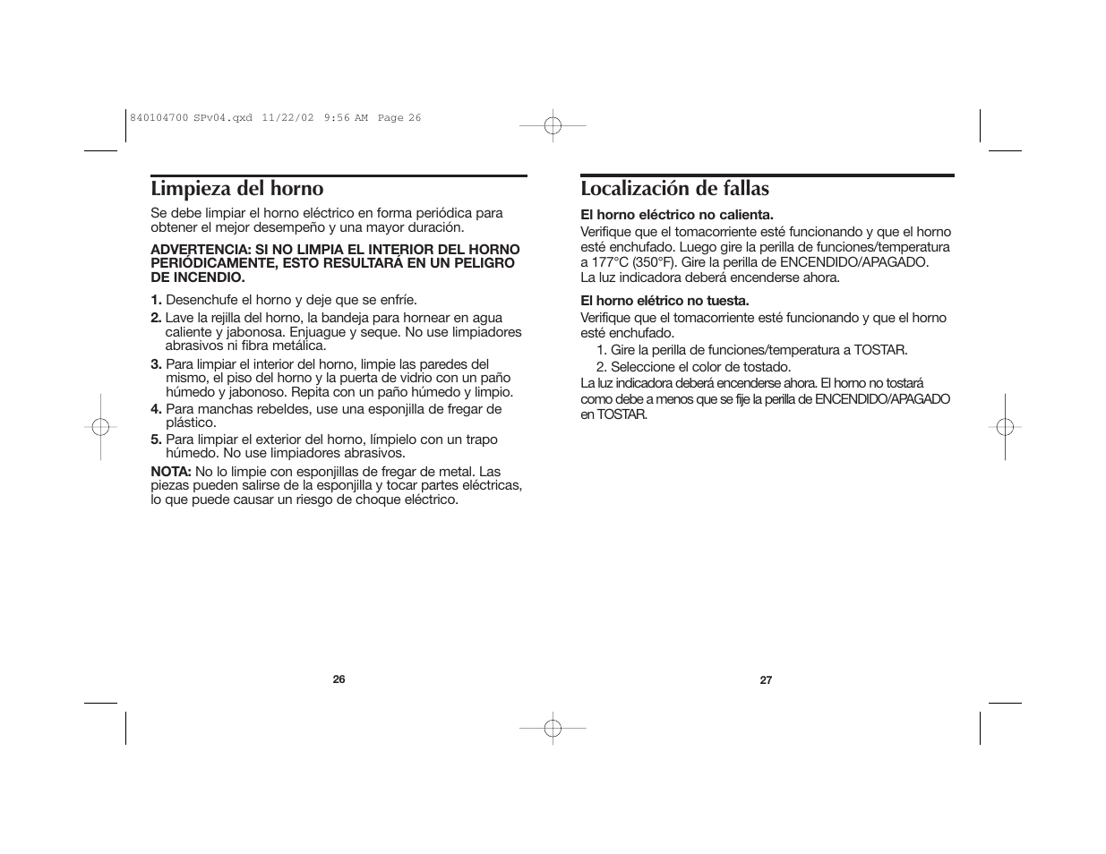 Localización de fallas, Limpieza del horno | Proctor-Silex 840104700 User Manual | Page 15 / 16