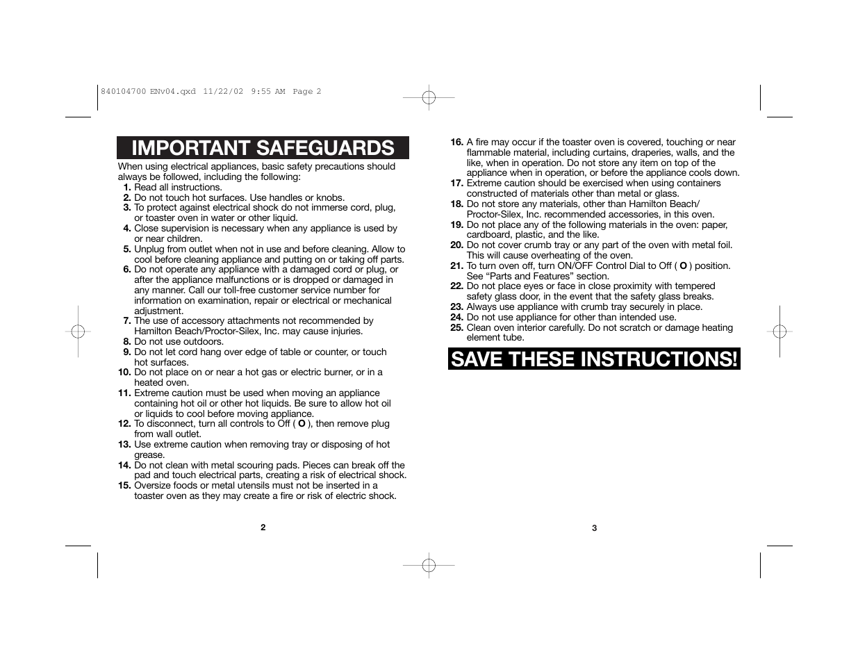 Important safeguards, Save these instructions | Proctor-Silex 840104700 User Manual | Page 2 / 16