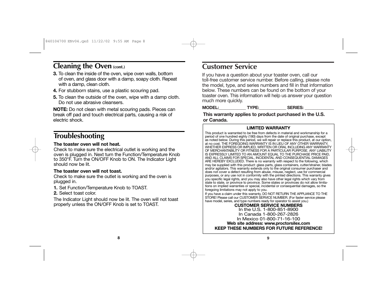 Customer service, Troubleshooting cleaning the oven | Proctor-Silex 840104700 User Manual | Page 5 / 16