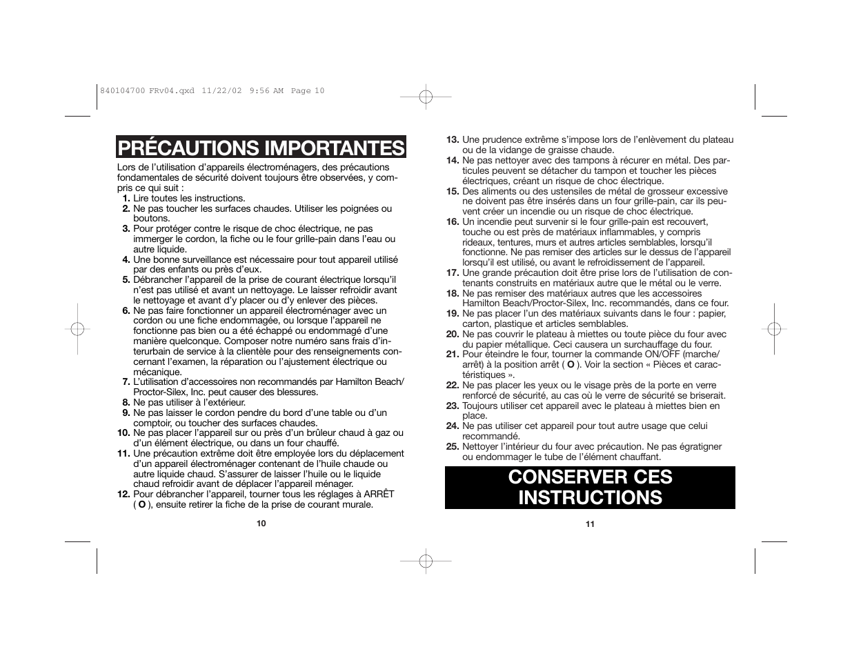 Précautions importantes, Conserver ces instructions | Proctor-Silex 840104700 User Manual | Page 6 / 16