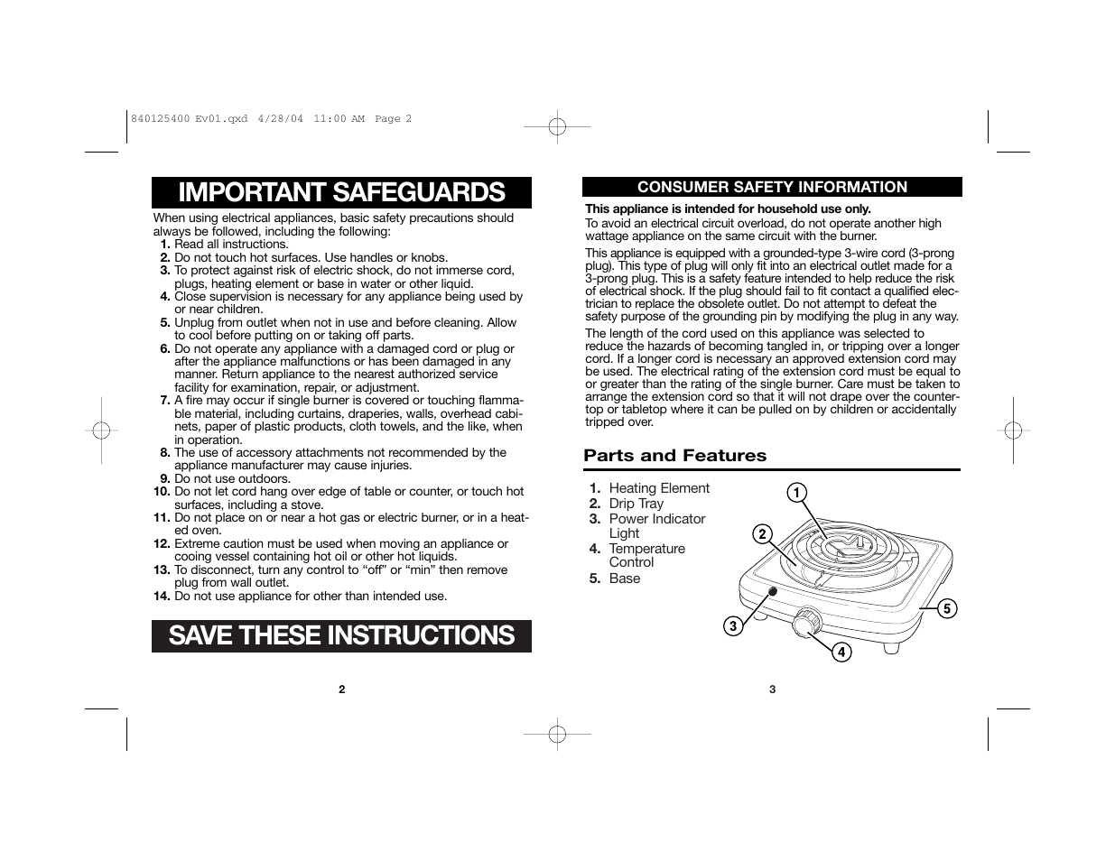 Save these instructions, Important safeguards | Proctor-Silex 840125400 User Manual | Page 2 / 10