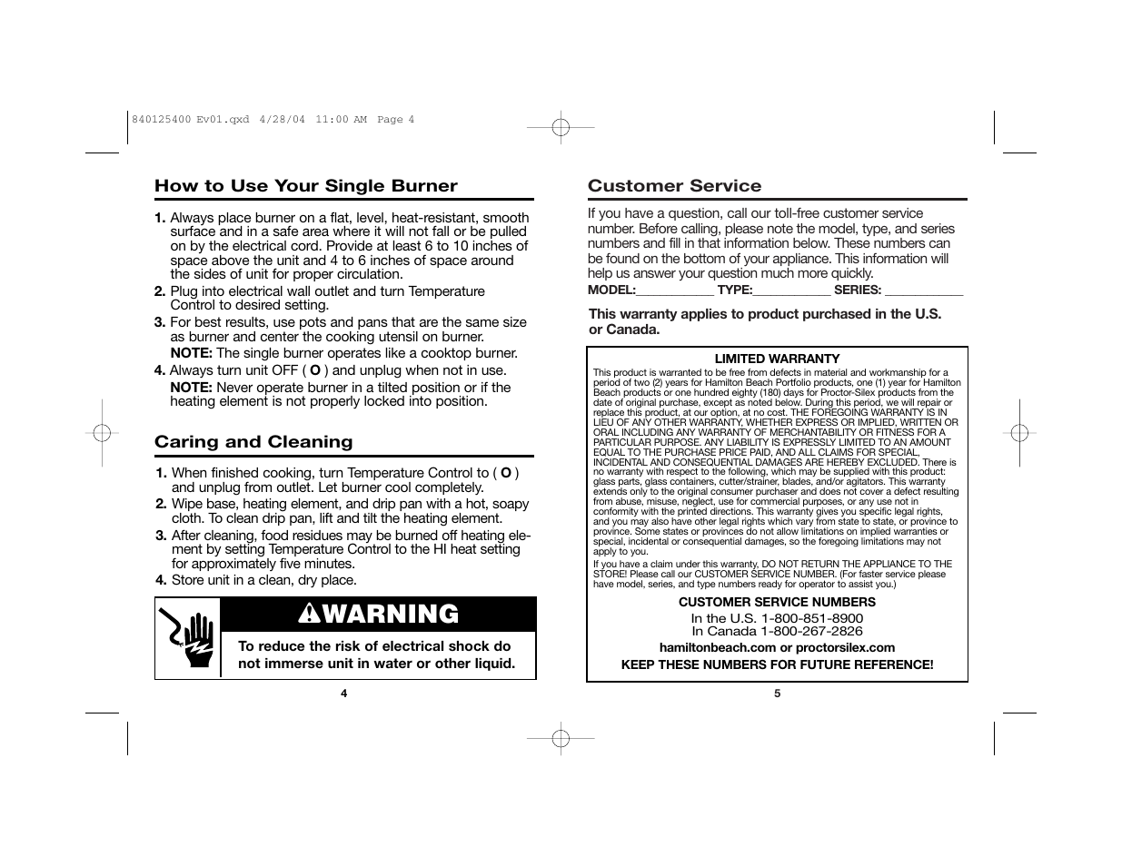 Wwarning | Proctor-Silex 840125400 User Manual | Page 3 / 10