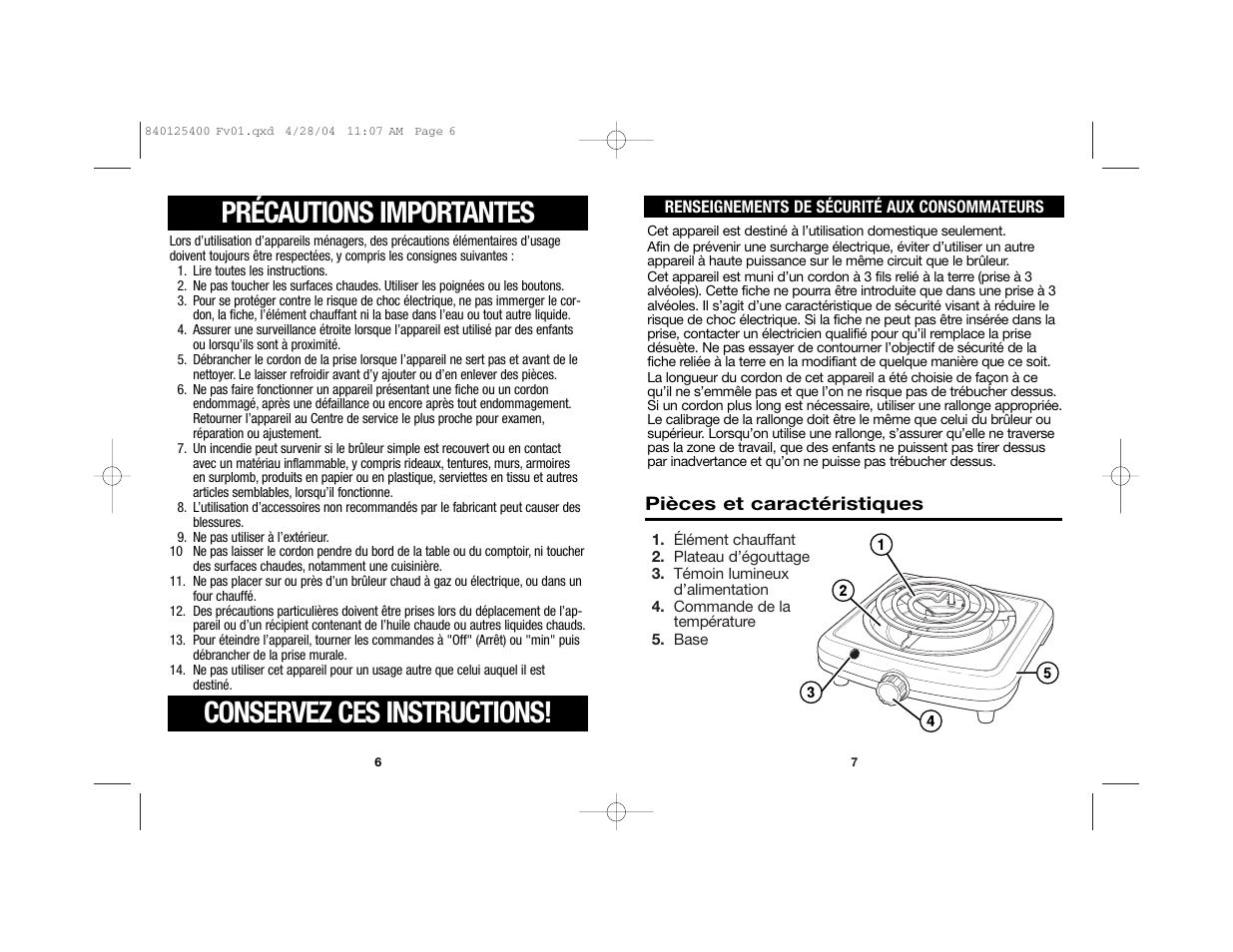 Conservez ces instructions, Précautions importantes | Proctor-Silex 840125400 User Manual | Page 4 / 10