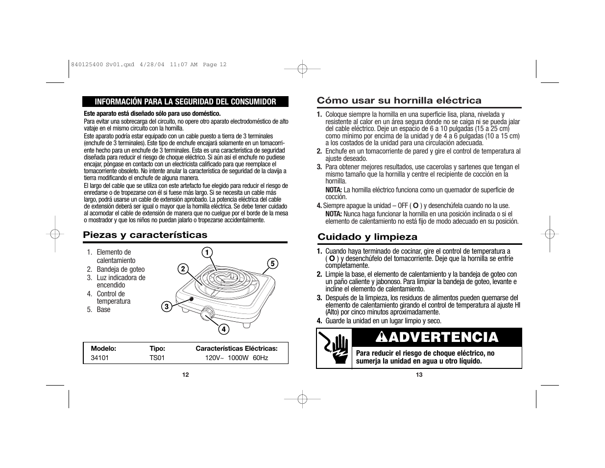 Wadvertencia | Proctor-Silex 840125400 User Manual | Page 8 / 10