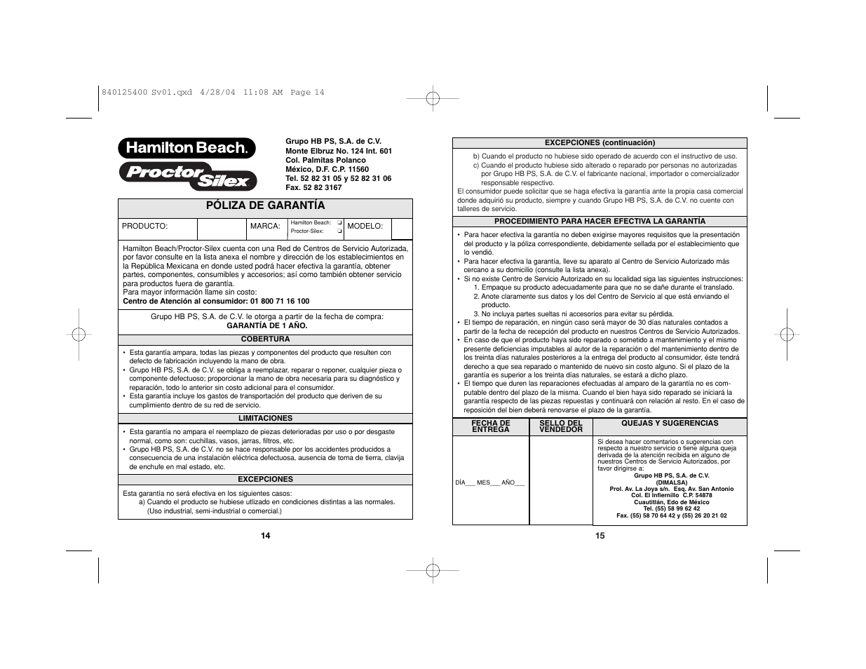 Póliza de garantía | Proctor-Silex 840125400 User Manual | Page 9 / 10