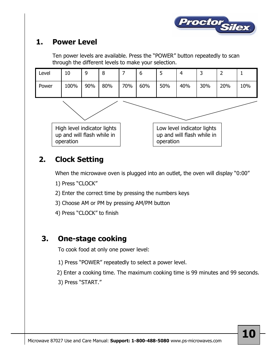 Power level, Clock setting, One-stage cooking | Proctor-Silex 87027 User Manual | Page 10 / 17