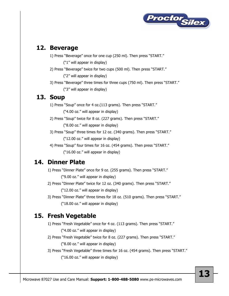 Soup, Dinner plate, Fresh vegetable | Beverage | Proctor-Silex 87027 User Manual | Page 13 / 17
