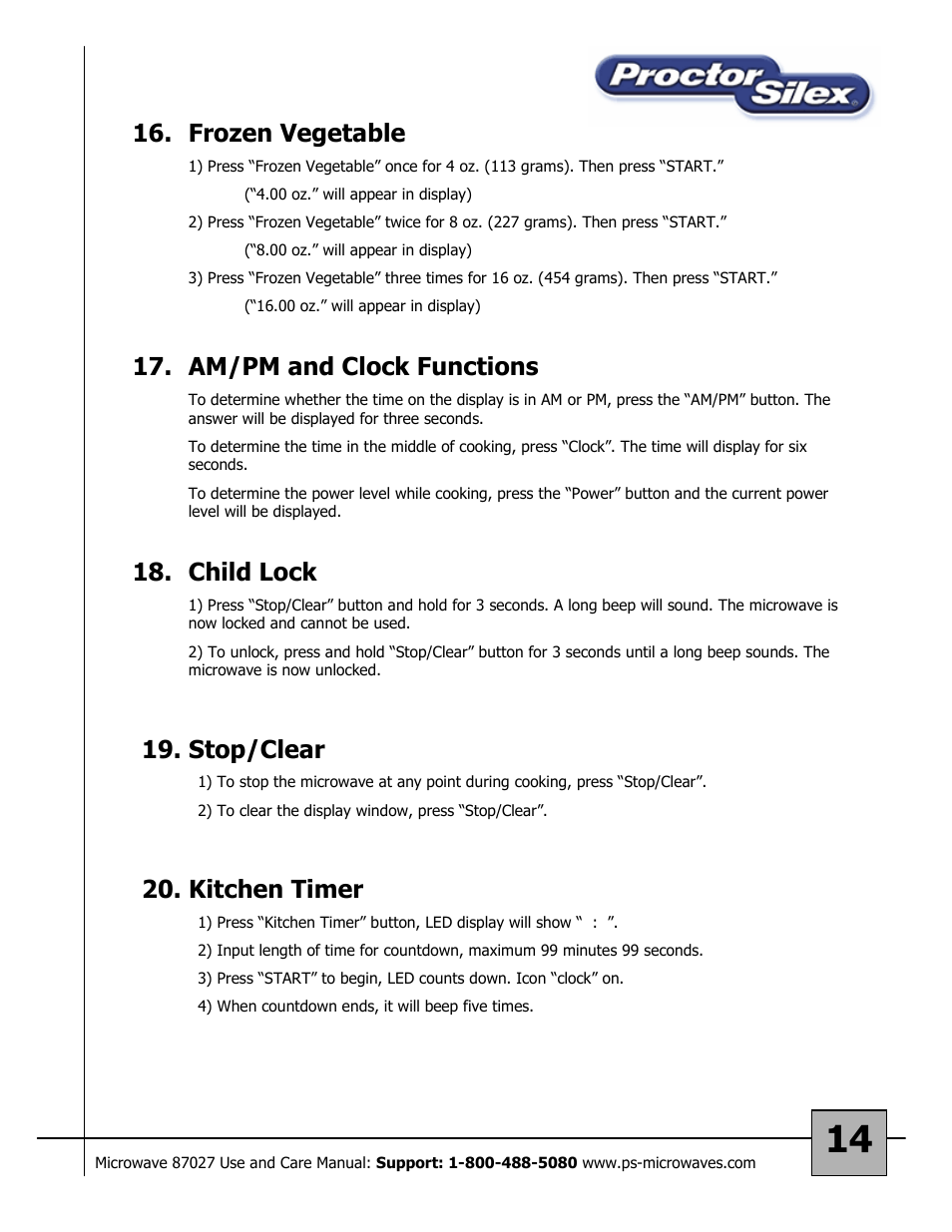 Frozen vegetable, Am/pm and clock functions, Child lock | Stop/clear, Kitchen timer | Proctor-Silex 87027 User Manual | Page 14 / 17